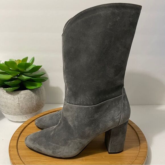 White House Black Market Charlie Grey Suede Boots Mid Leather Chunky Heel Size 8 - Picture 1 of 8